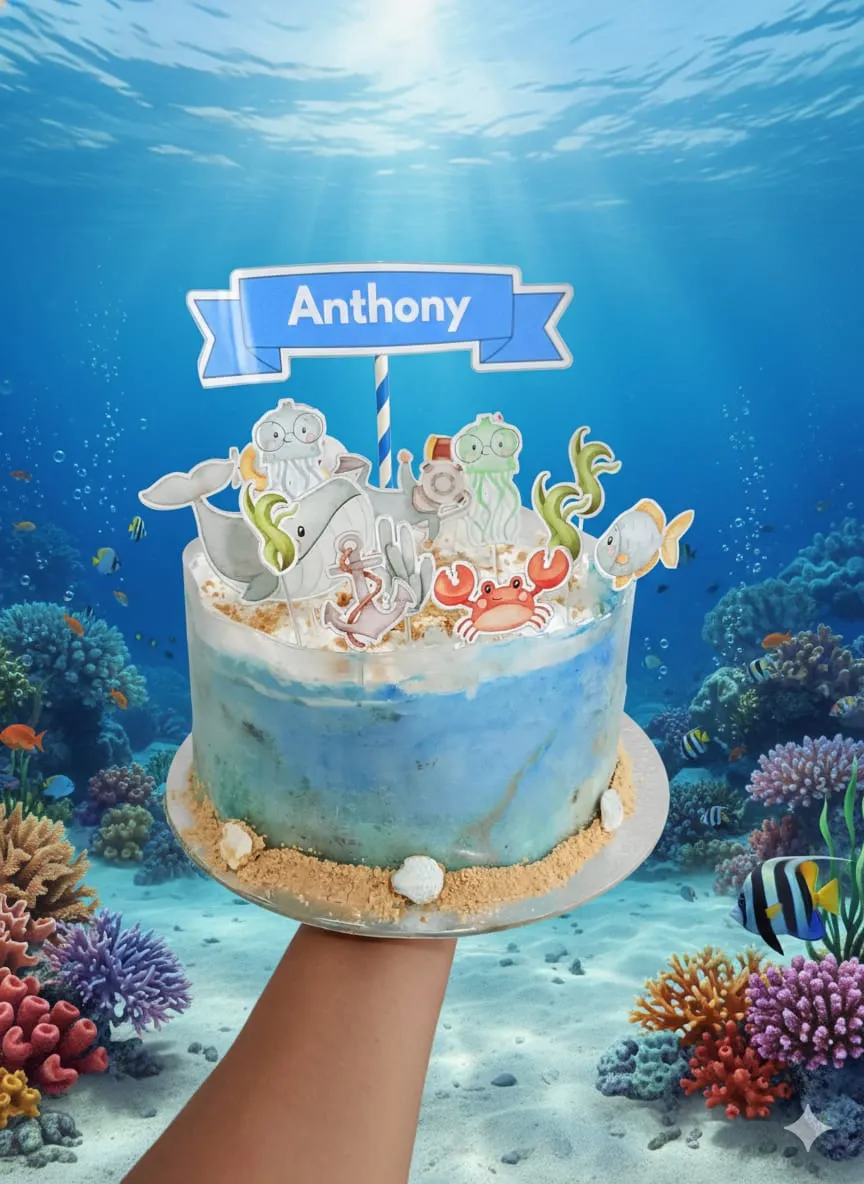 Bolo temático fundo do mar com cobertura azul, areia decorativa e topos de animais marinhos